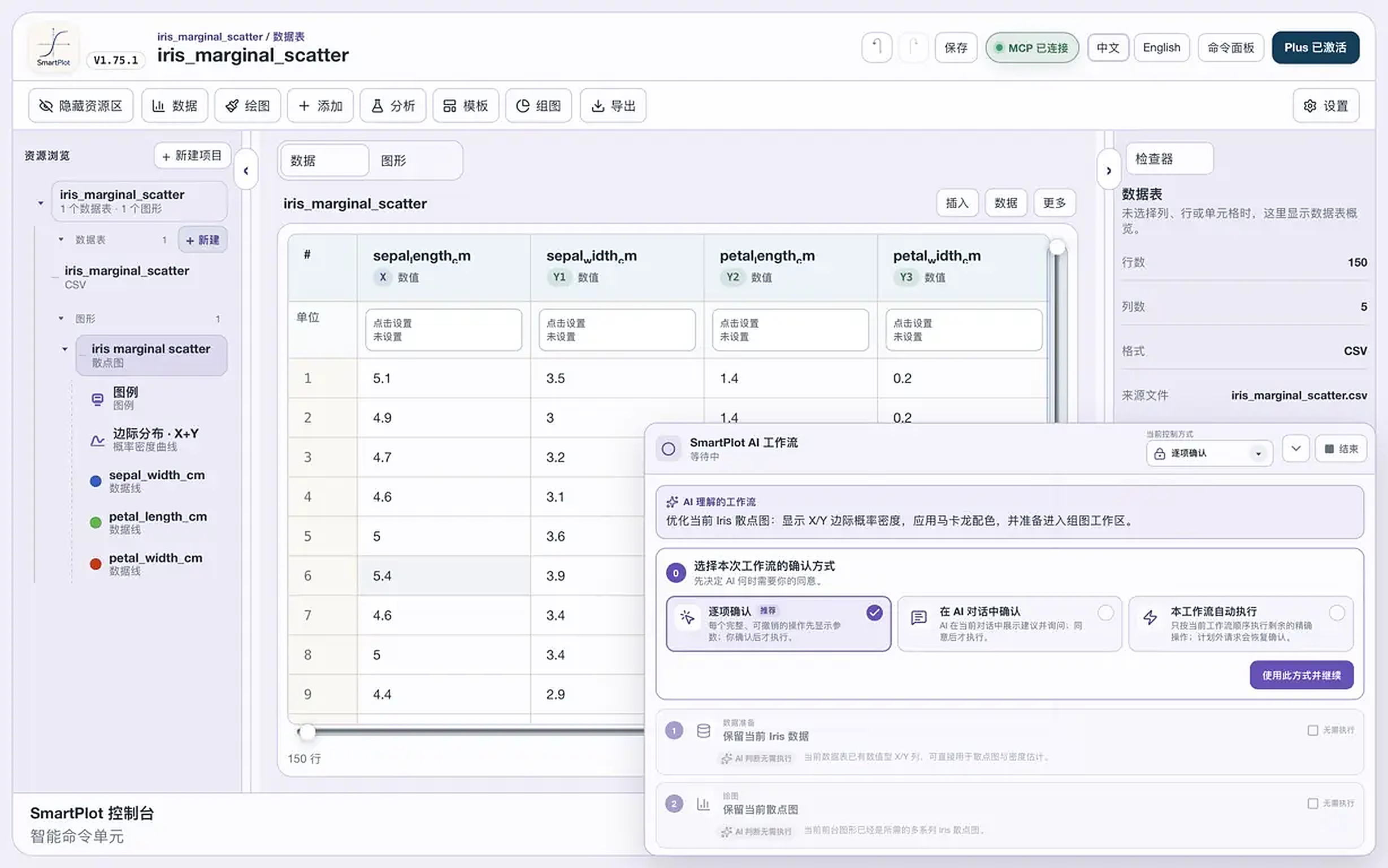 SmartPlot MCP 工作流面板，显示确认方式和绘图计划